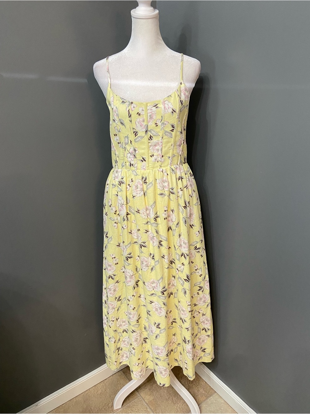 Charles Henry Milkmaid Yellow Long Sundress W/Boning Front Smocked Back Linen  S